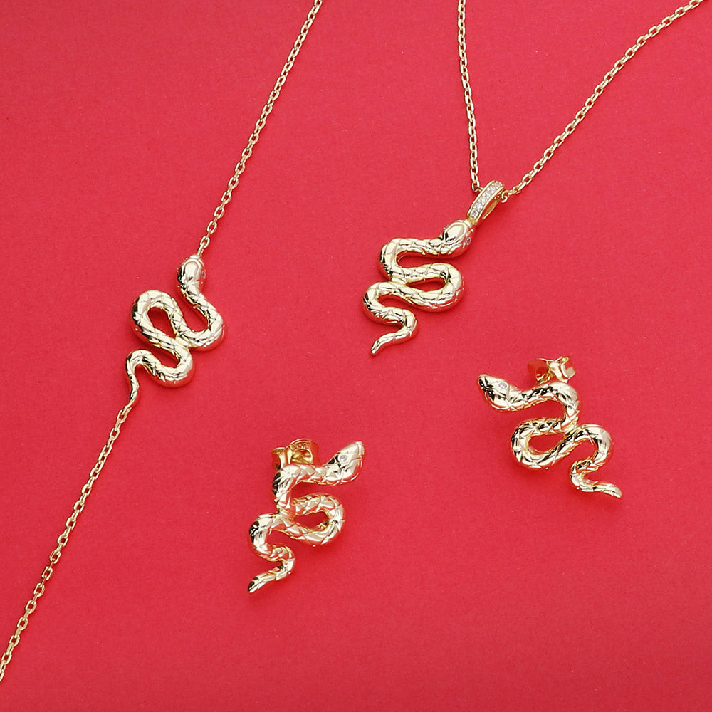 Flatlay view of Snake CZ Medium Necklace in Sterling Silver