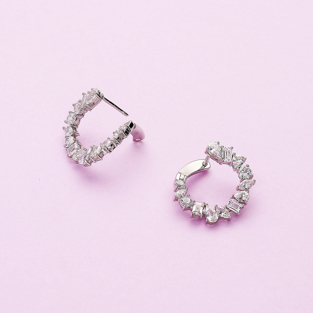 Flatlay view of Cluster CZ Medium Hoop Earrings in Sterling Silver 0.8 inch, 2 of 5