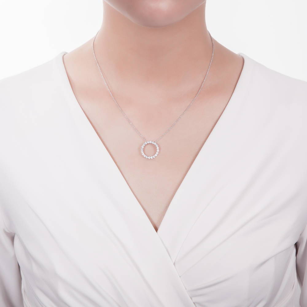 Model wearing Open Circle CZ Necklace in Sterling Silver, 11 of 15