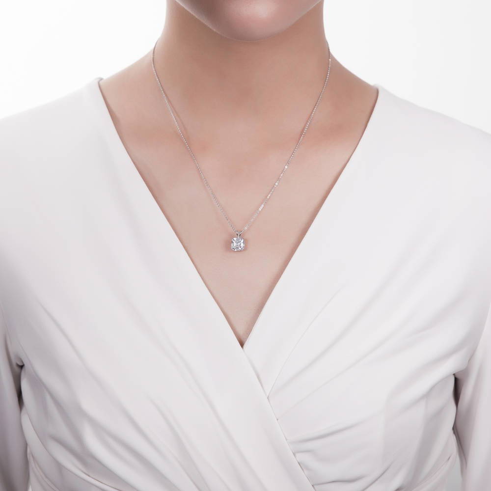 Model wearing Solitaire Asscher CZ Necklace in Sterling Silver 3ct, 9 of 13