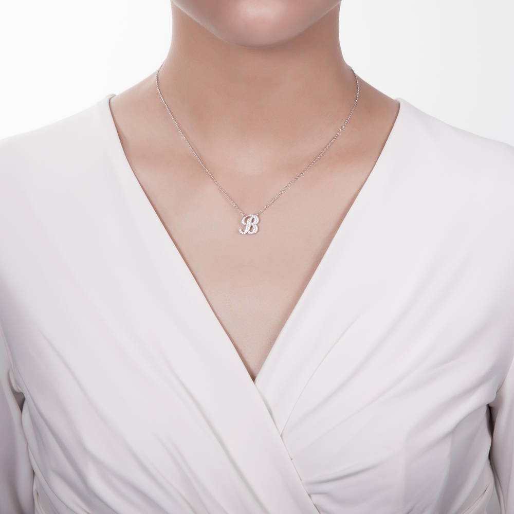 Model wearing Initial Letter CZ Necklace in Sterling Silver, B