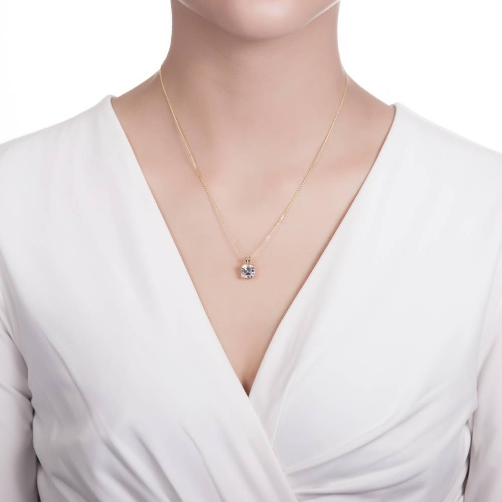 Model wearing Solitaire Asscher CZ Necklace in Sterling Silver 3ct, 2 of 13