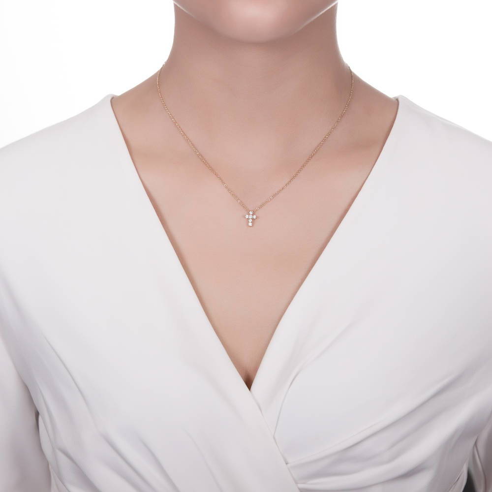 Model wearing Cross CZ Pendant Necklace in Sterling Silver, 8 of 14