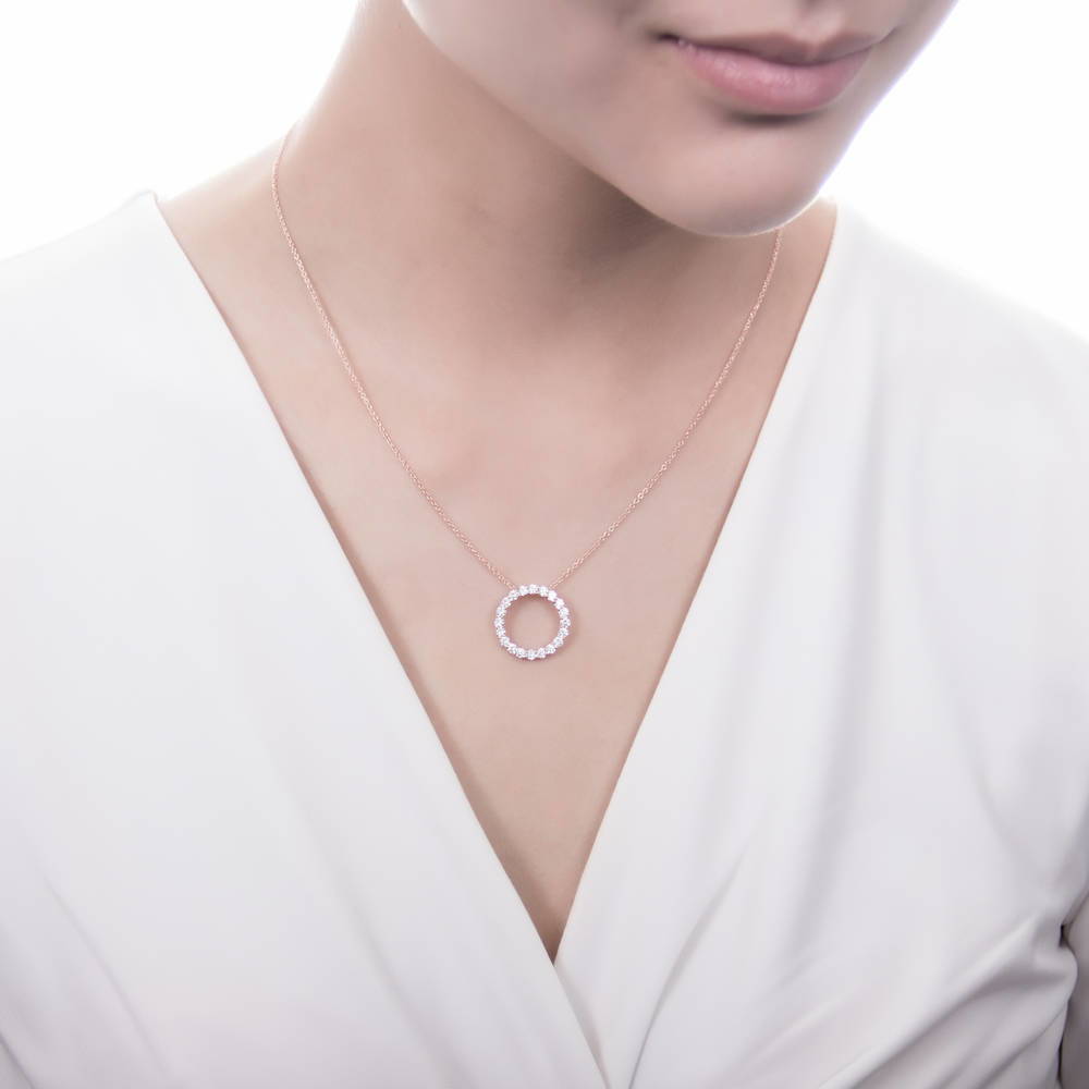 Model wearing Open Circle CZ Necklace in Sterling Silver, 3 of 15