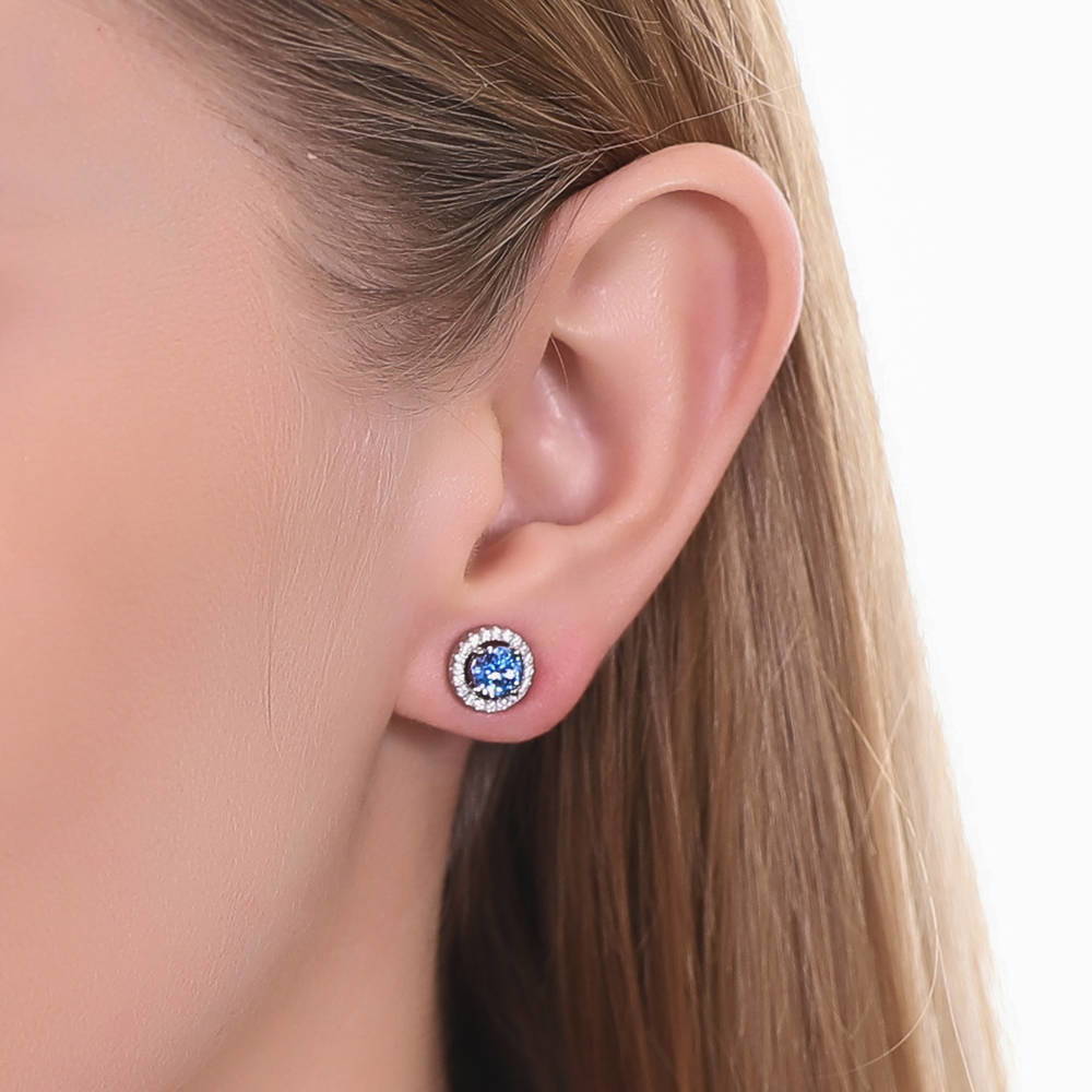 Model wearing Halo CZ Stud Earrings in Sterling Silver, 2 of 9