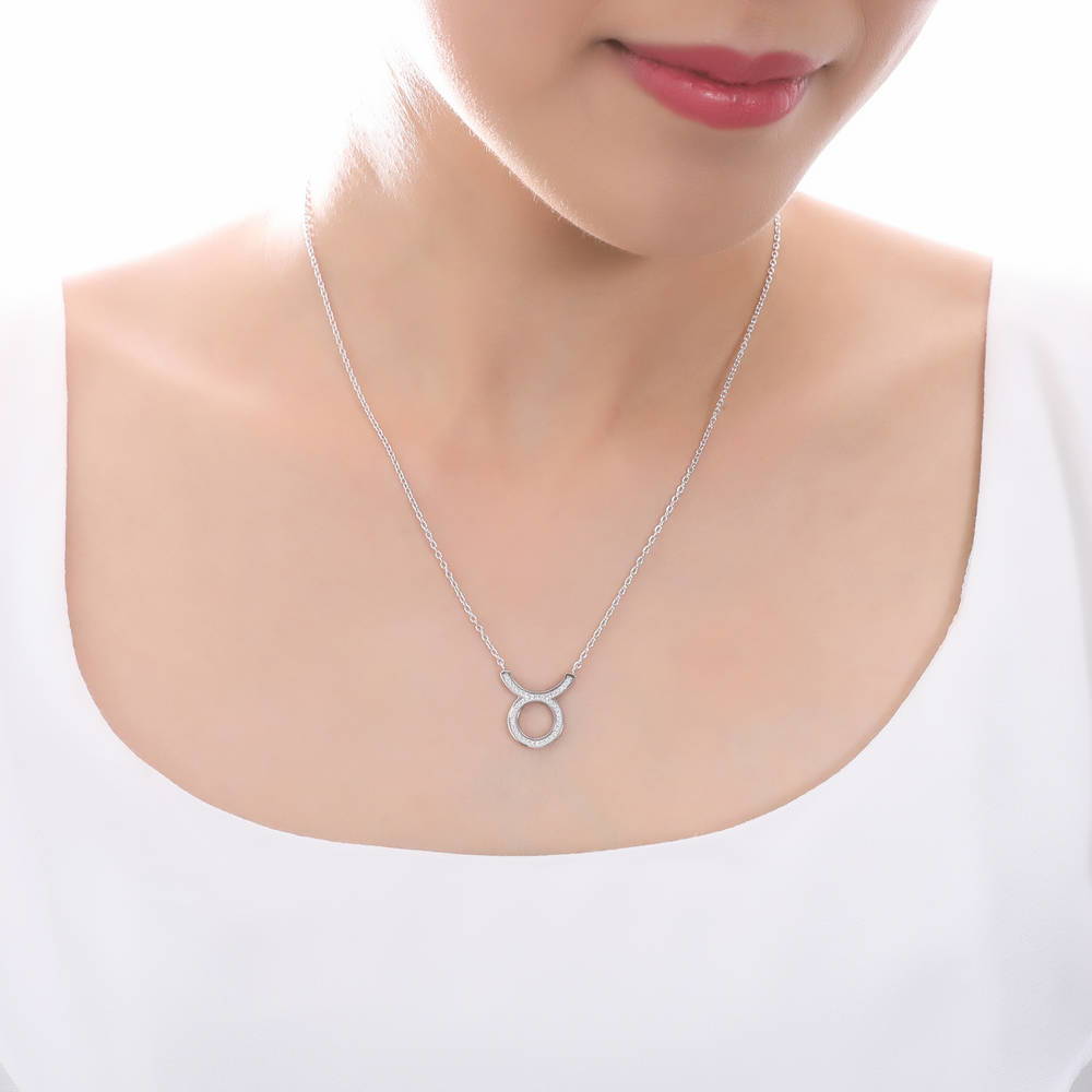 Model wearing Zodiac Sign CZ Necklace in Sterling Silver, 7 of 9