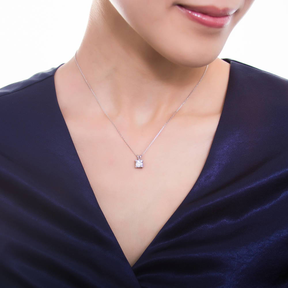 Model wearing Solitaire CZ Necklace in Sterling Silver, 2 of 11