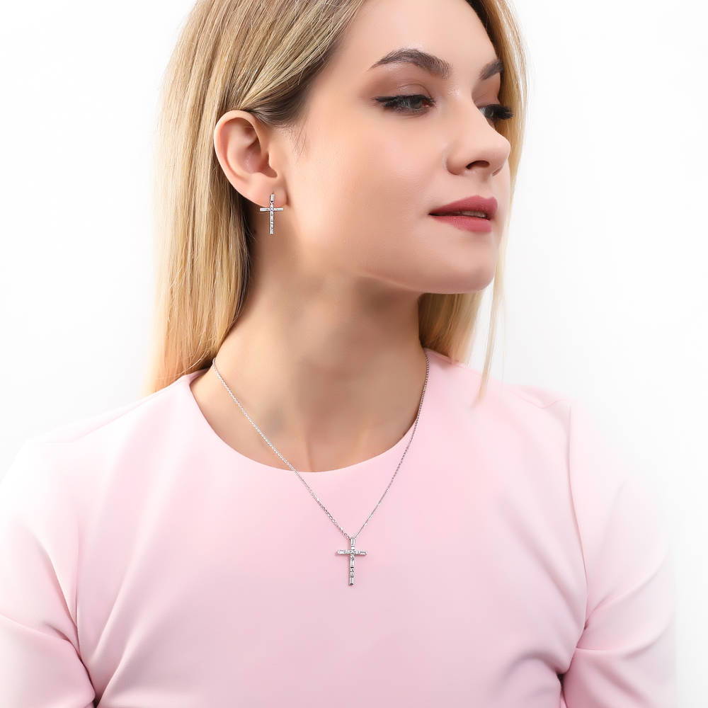 Model wearing Cross CZ Pendant Necklace in Sterling Silver, 7 of 9