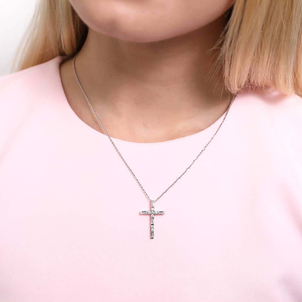 Model wearing Cross CZ Pendant Necklace in Sterling Silver, 6 of 9