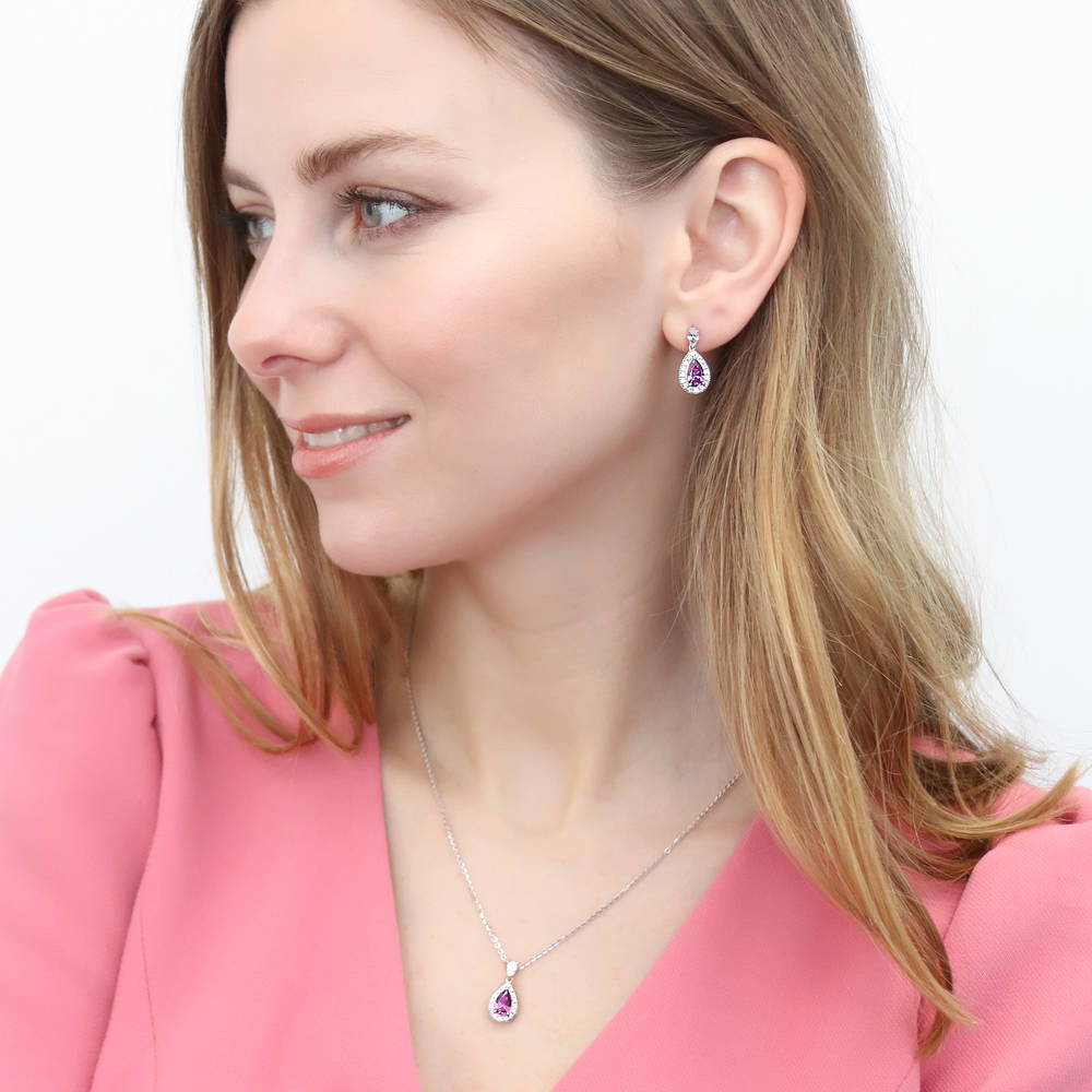 Model wearing Halo Pear CZ Necklace in Sterling Silver, 14 of 15