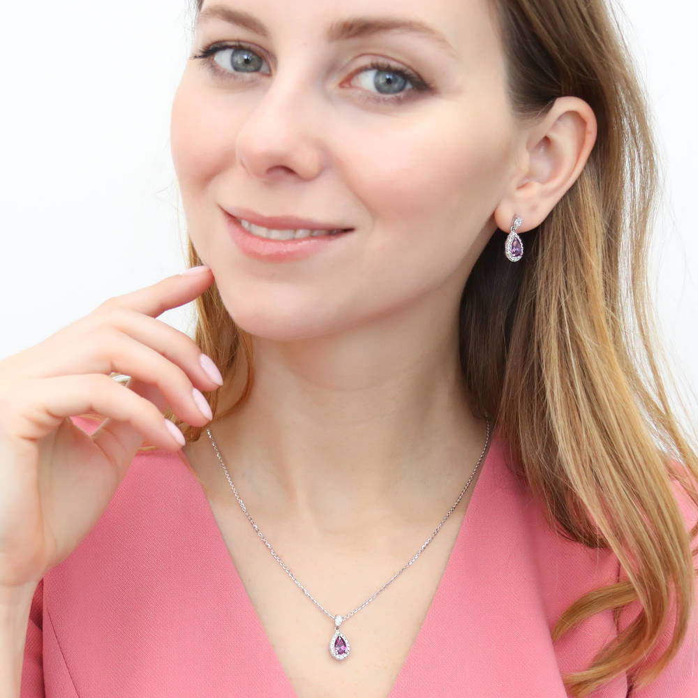 Model wearing Halo Pear CZ Necklace in Sterling Silver, 11 of 15