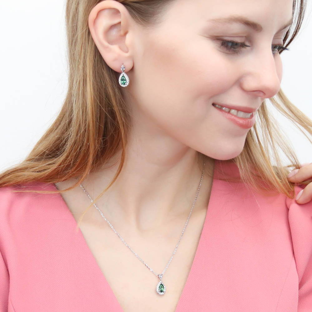 Model wearing Halo Pear CZ Necklace in Sterling Silver, 12 of 15