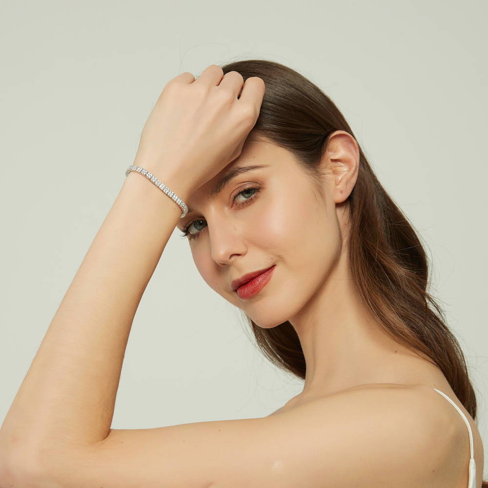 Model wearing Bar CZ Tennis Bracelet in Sterling Silver 4-9 inch, Clear Color