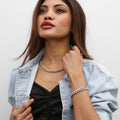 Model wearing Curb Chain Bracelet and Necklace, 2 Piece, Silver-Tone