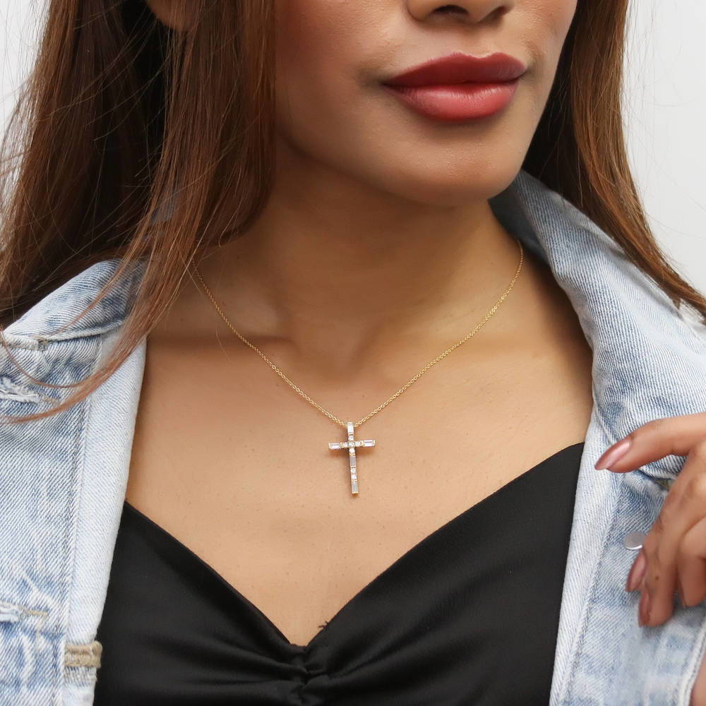 Model wearing Cross CZ Pendant Necklace in Sterling Silver, 2 of 9