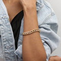 Model wearing Curb Chain Bracelet and Necklace, 2 Piece, Gold-Tone