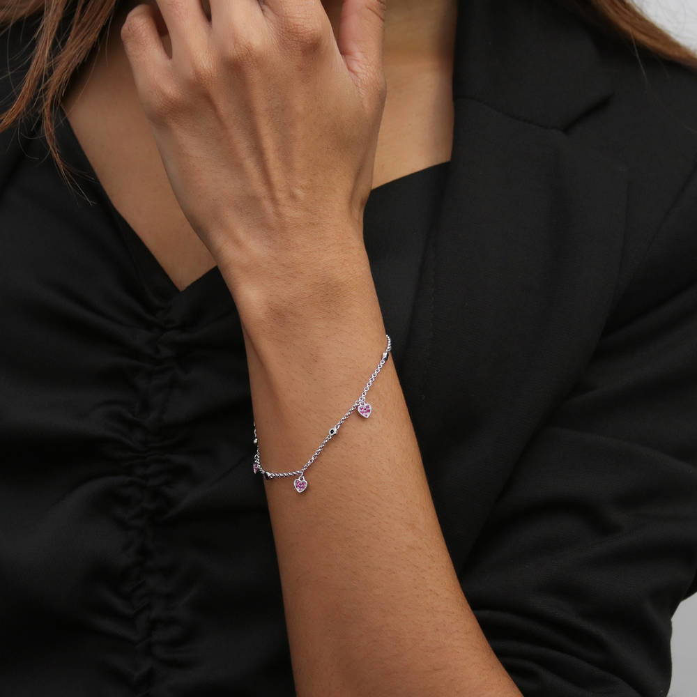 Model wearing Heart CZ Station Bracelet in Sterling Silver, 2 of 3