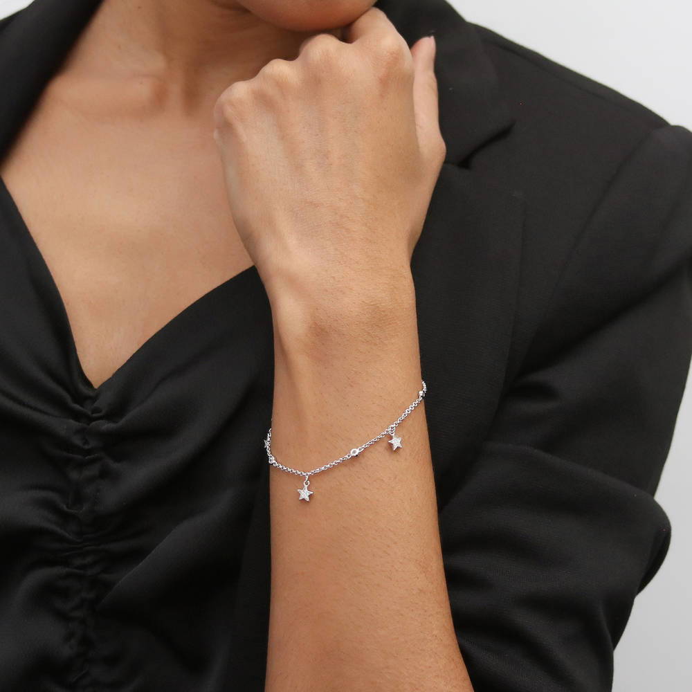 Model wearing Star CZ Station Bracelet in Sterling Silver, 6 of 7