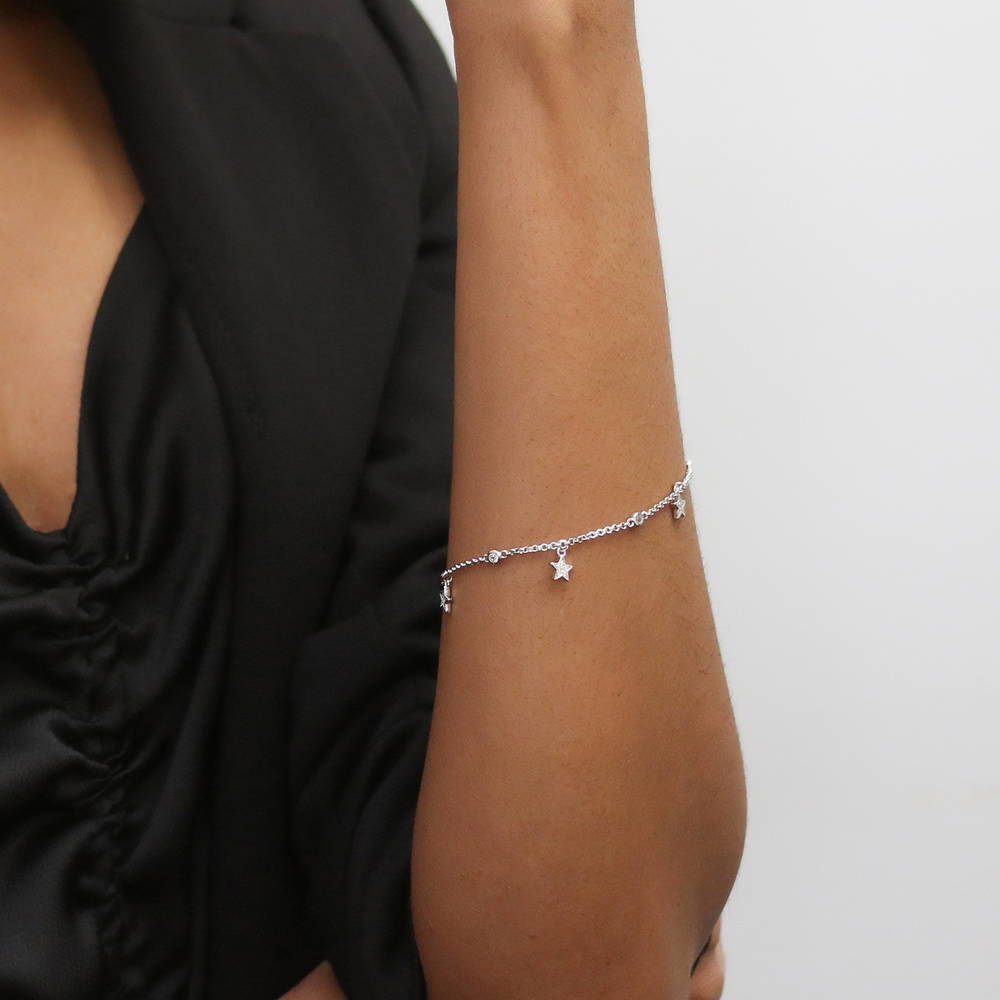 Model wearing Star CZ Station Bracelet in Sterling Silver, 4 of 7