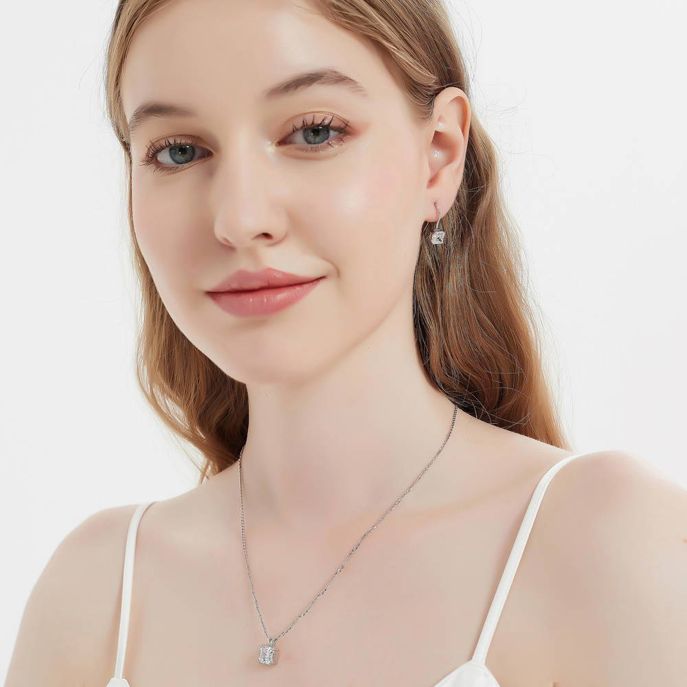 Model wearing Solitaire Asscher CZ Necklace in Sterling Silver 3ct, 11 of 13