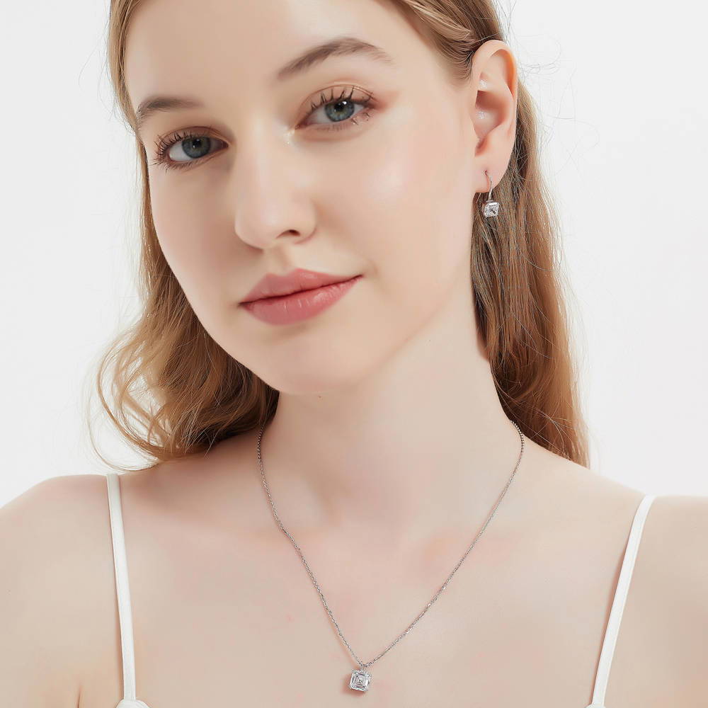 Model wearing Solitaire Asscher CZ Necklace in Sterling Silver 3ct, 10 of 13