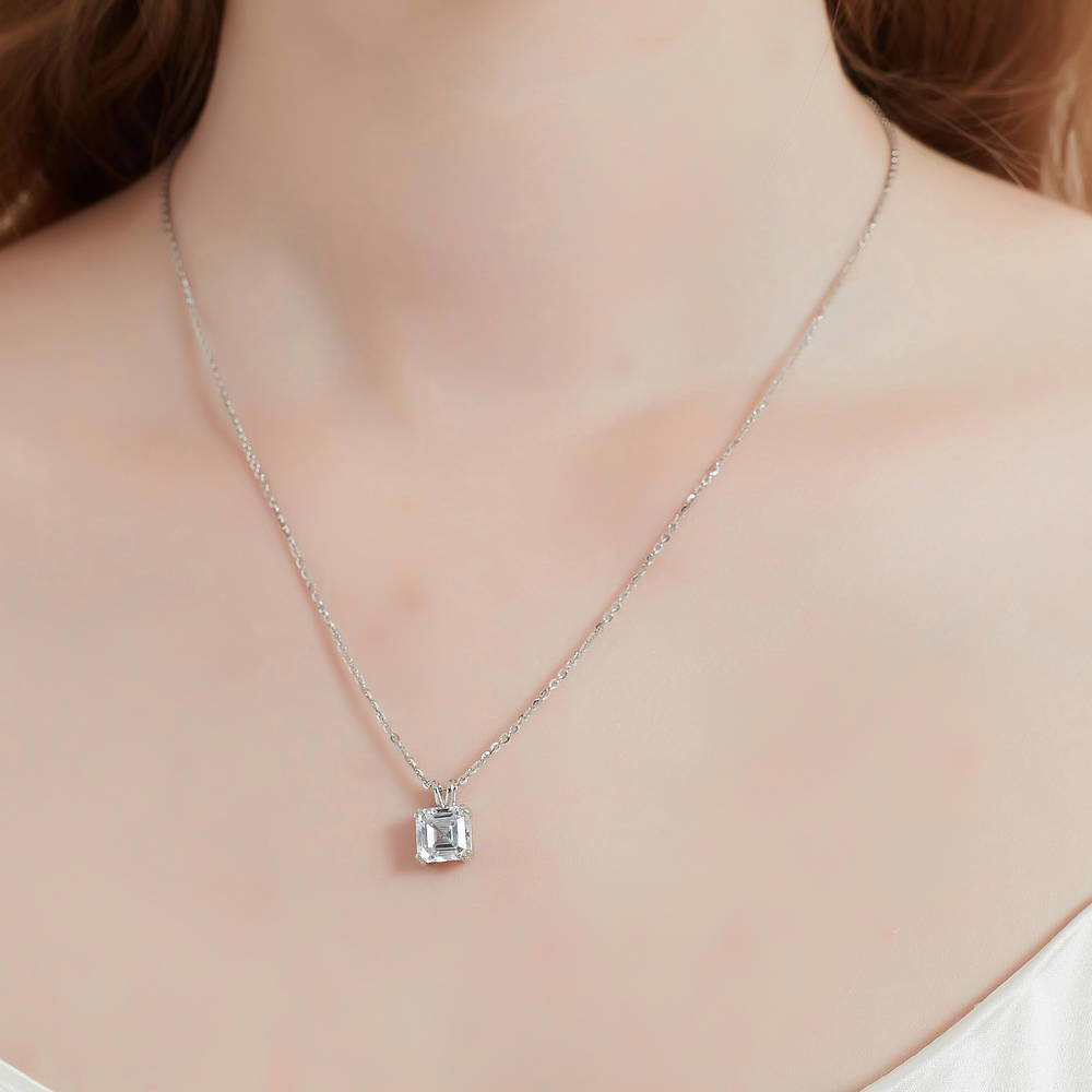 Model wearing Solitaire Asscher CZ Necklace in Sterling Silver 3ct, 8 of 13