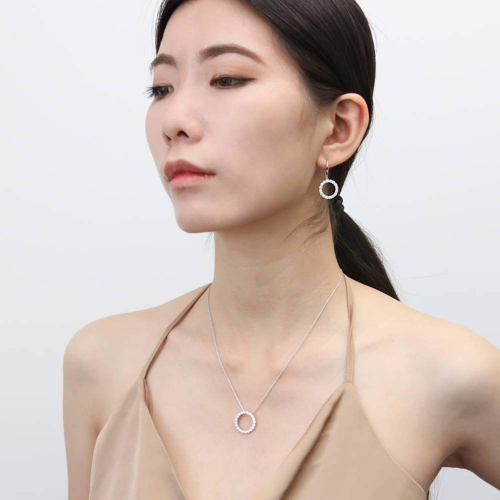 Model wearing Open Circle CZ Necklace in Sterling Silver, 6 of 9