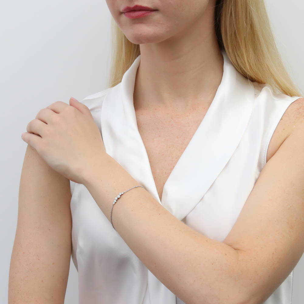 Model wearing Bubble Bar CZ Rolo Chain Bracelet in Sterling Silver, 4 of 8