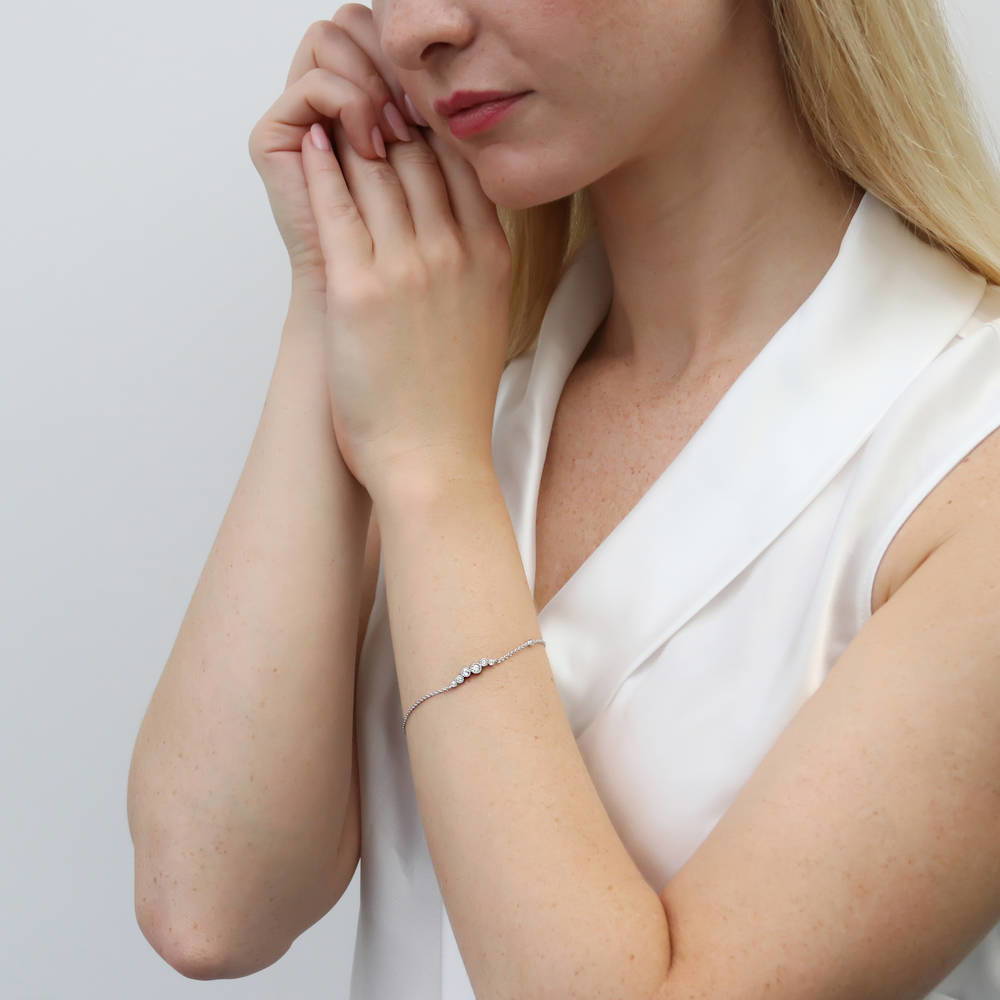 Model wearing Bubble Bar CZ Rolo Chain Bracelet in Sterling Silver, 2 of 8