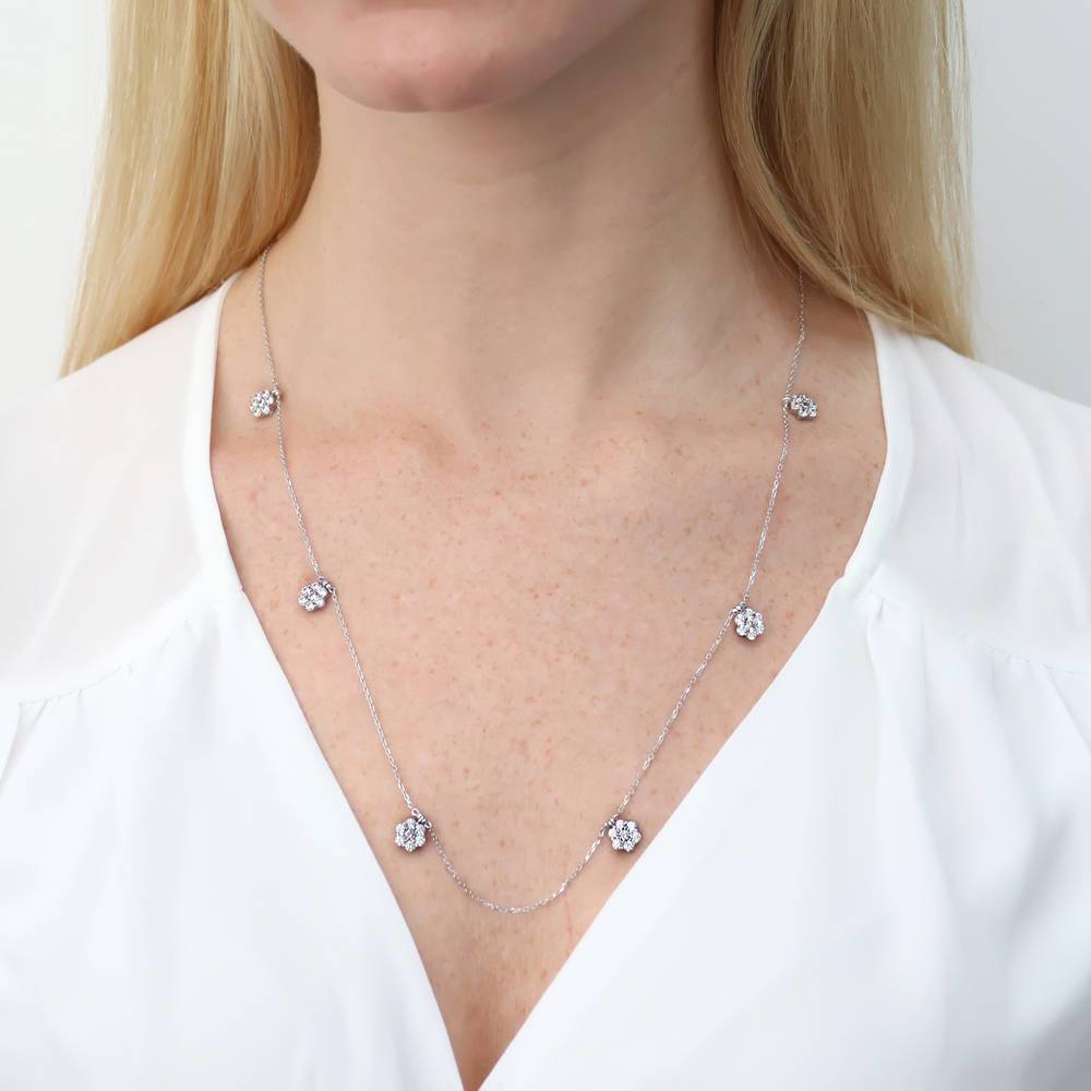 Model wearing Flower CZ Station Necklace in Sterling Silver, 13 of 14