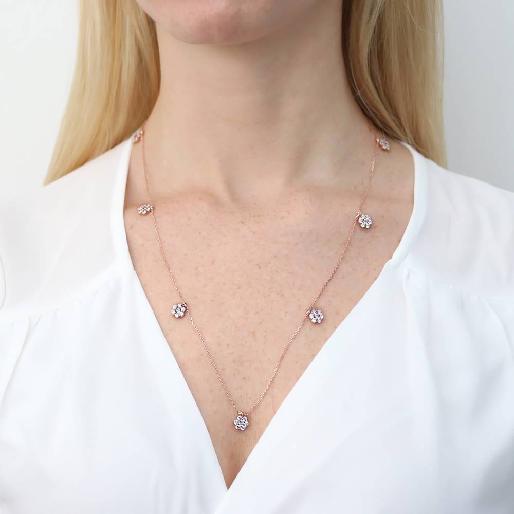 Model wearing Flower CZ Station Necklace in Sterling Silver, 2 of 14