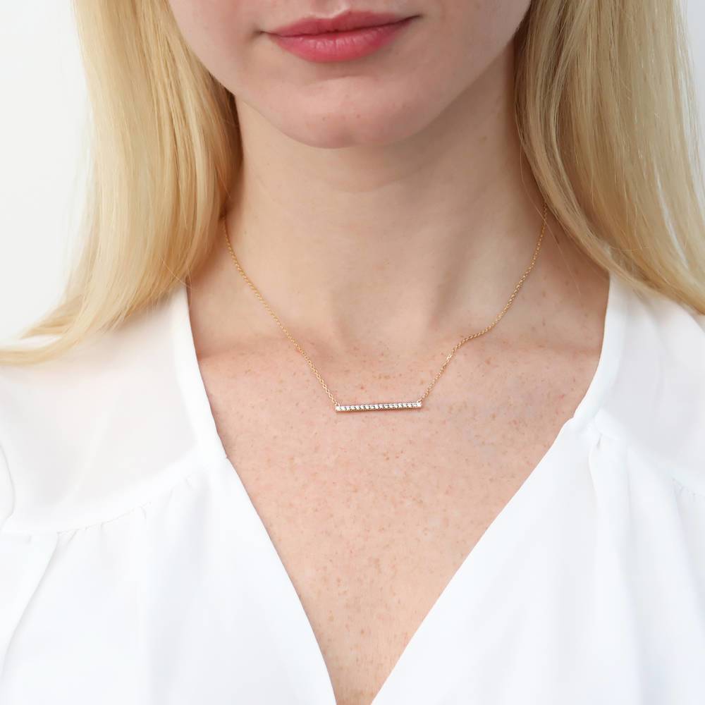 Model wearing Bar CZ Pendant Necklace in Sterling Silver, Rose Gold Flashed