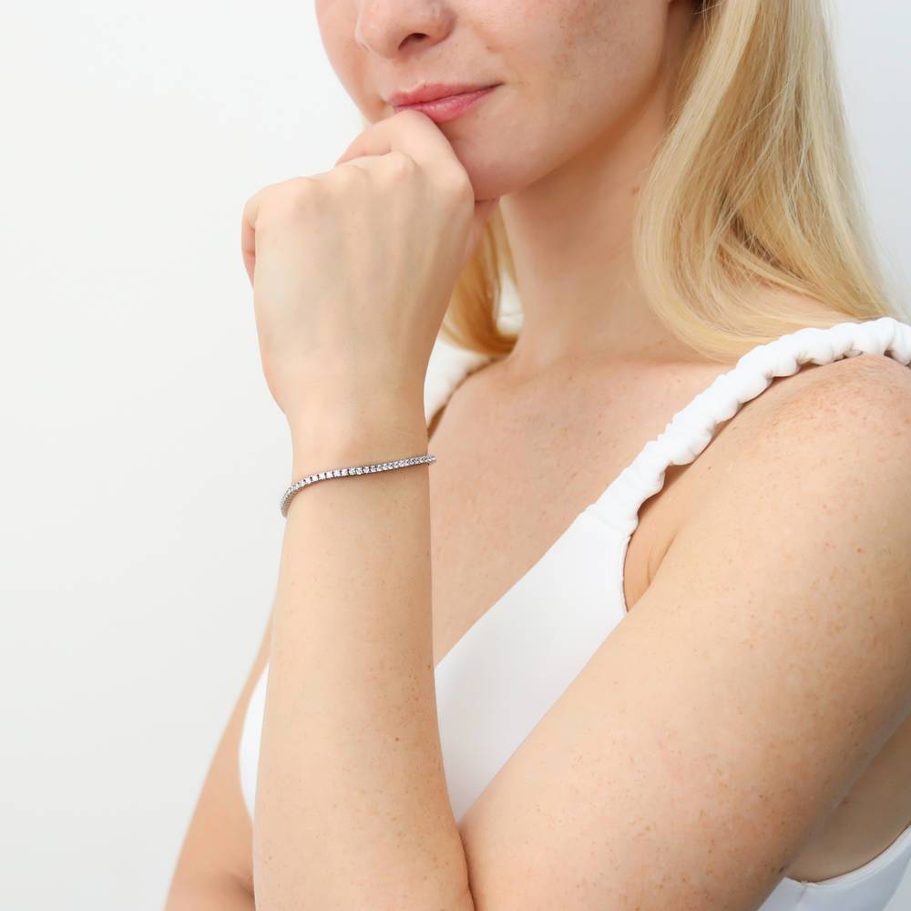 Model wearing Bar CZ Tennis Bracelet in Sterling Silver 6-10 inch, 8 of 11