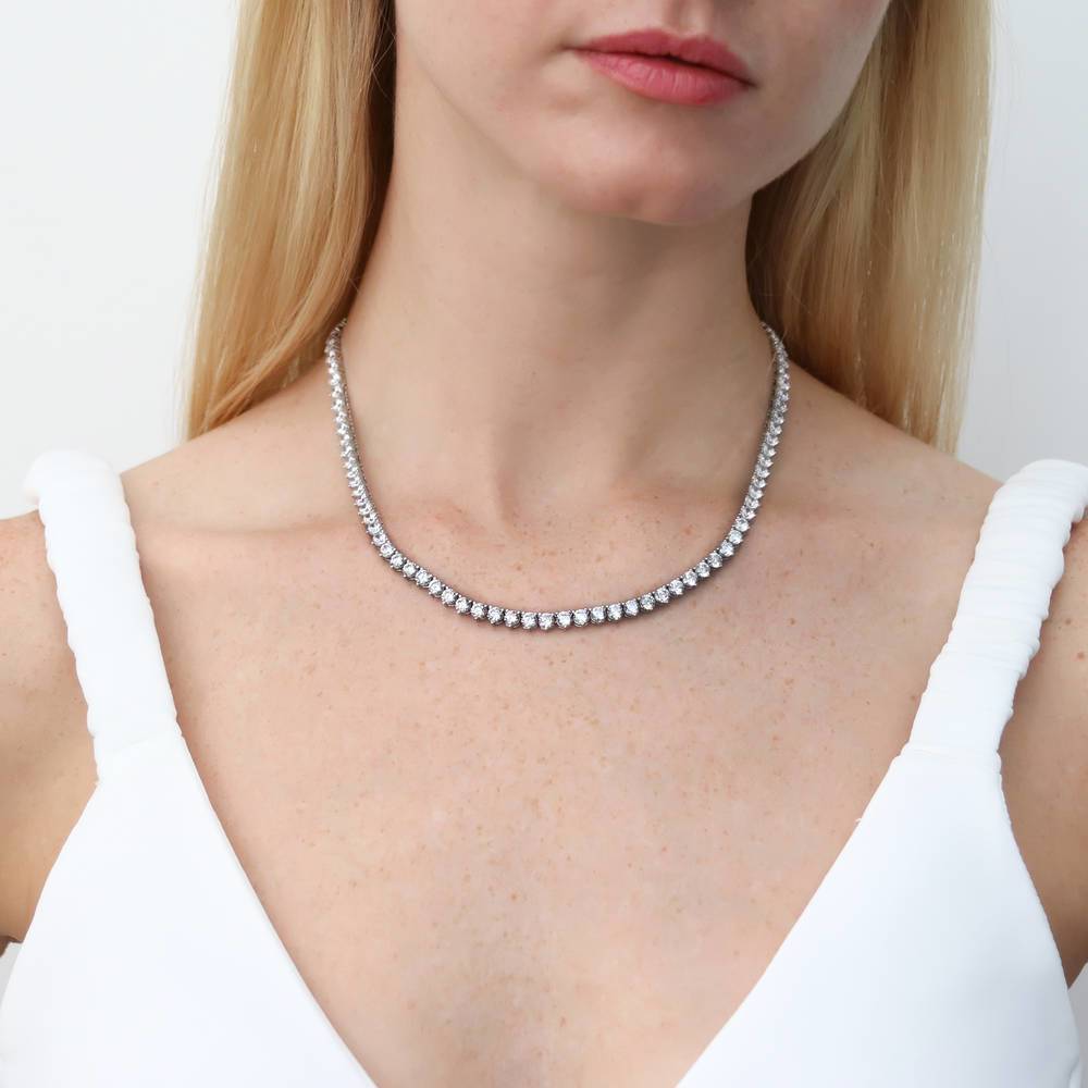 Model wearing CZ Tennis Necklace in Sterling Silver 17 inch, 7 of 10