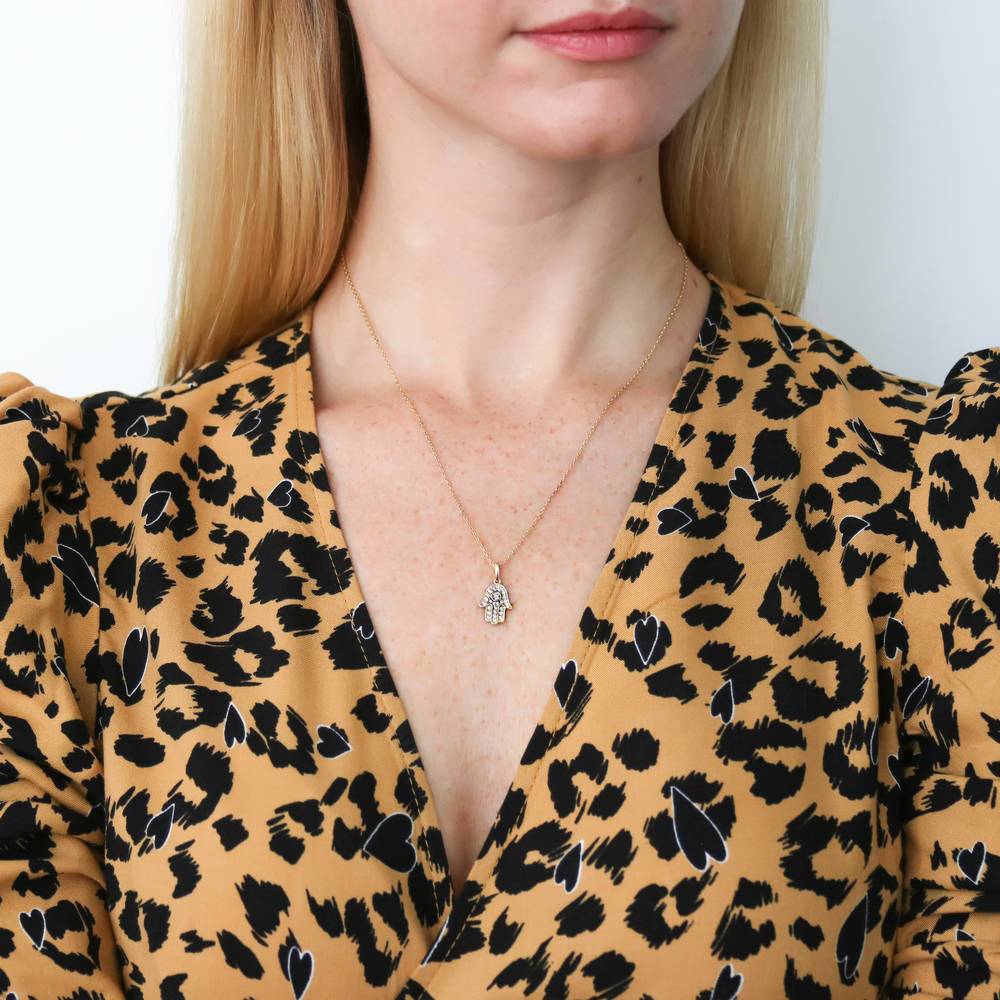 Model wearing Hamsa Hand CZ Necklace in Sterling Silver, 7 of 9