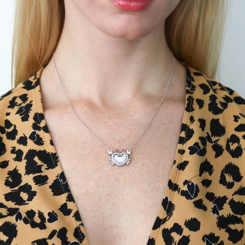 Model wearing Crab Mother Of Pearl Necklace in Sterling Silver, 6 of 8