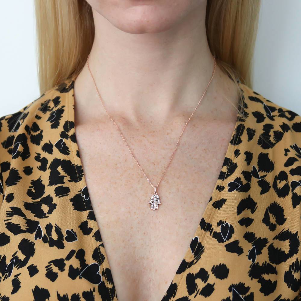 Model wearing Hamsa Hand CZ Necklace in Sterling Silver, 2 of 9