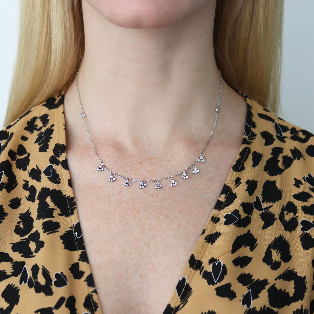 Model wearing Cluster CZ Station Necklace in Sterling Silver, 7 of 8