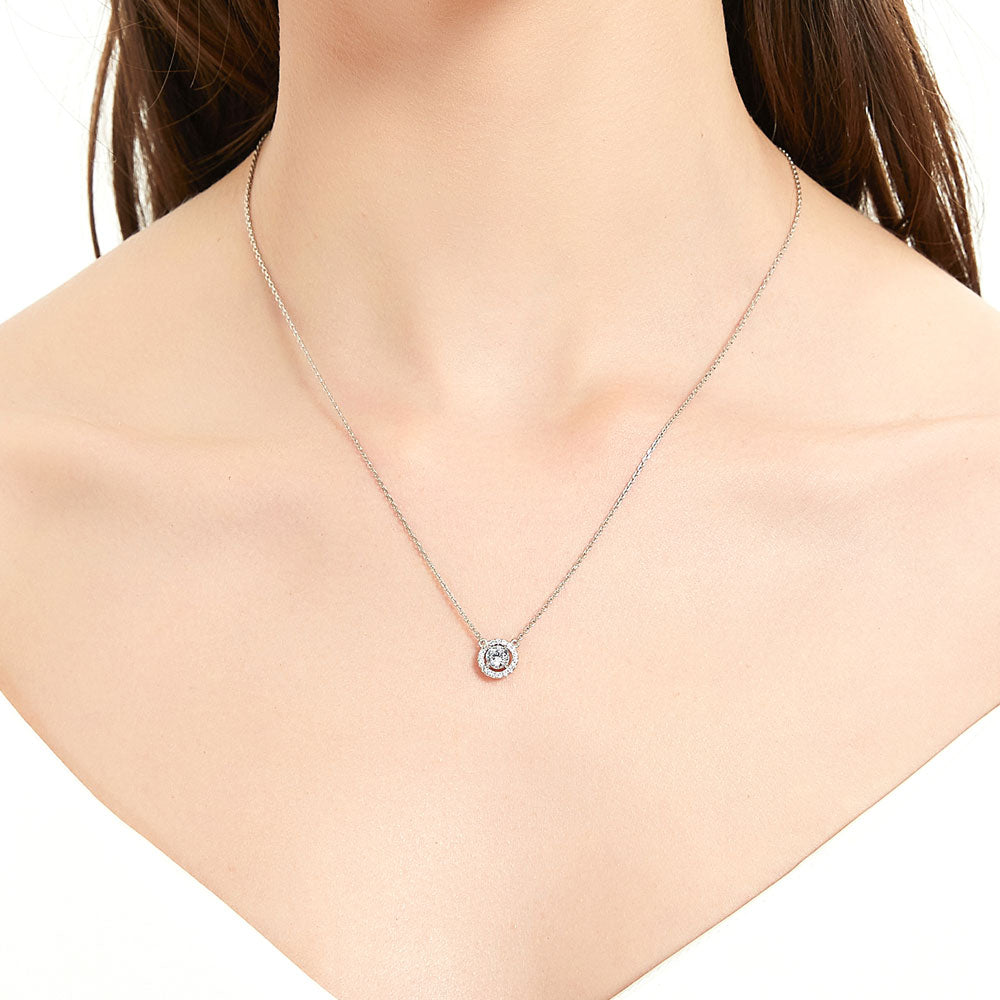 Model wearing Halo CZ Pendant Necklace in Sterling Silver, 7 of 12