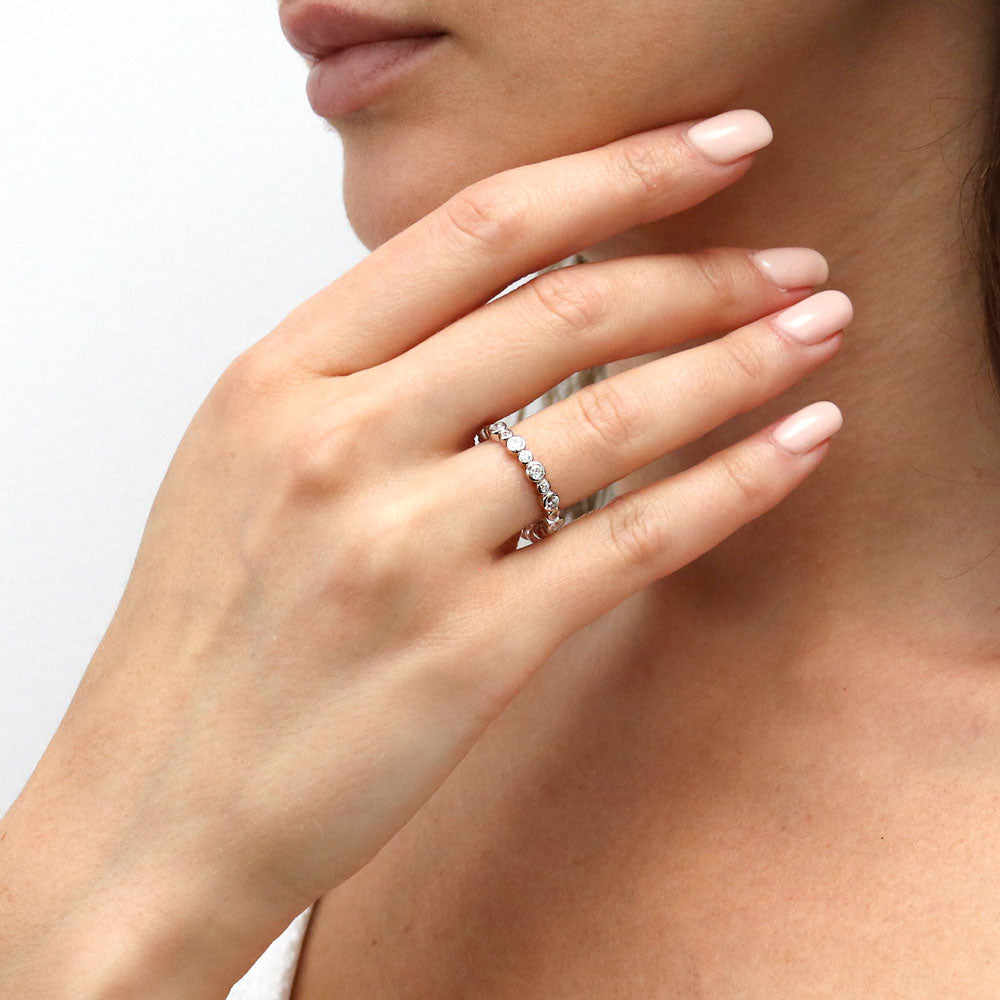 Model wearing Bubble Bezel CZ Eternity Ring Set in Sterling Silver, 11 of 13