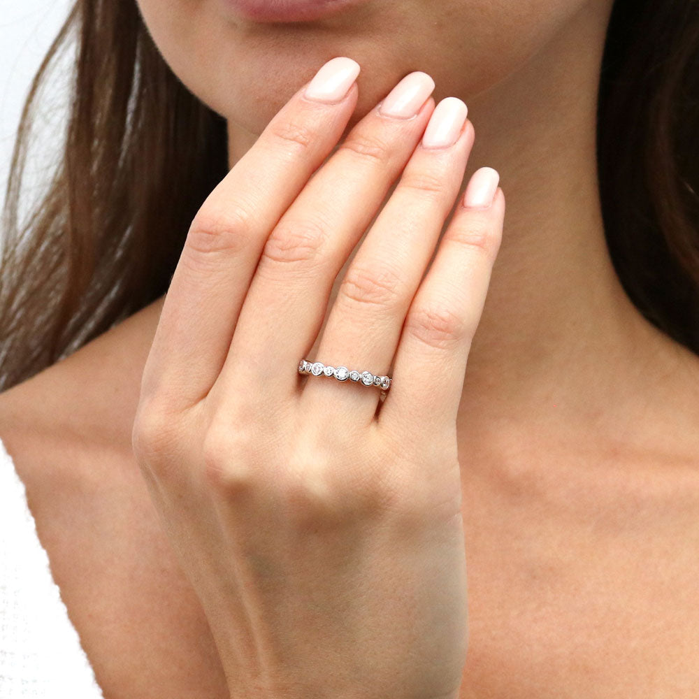 Model wearing Bubble Bezel CZ Eternity Ring Set in Sterling Silver, 6 of 13