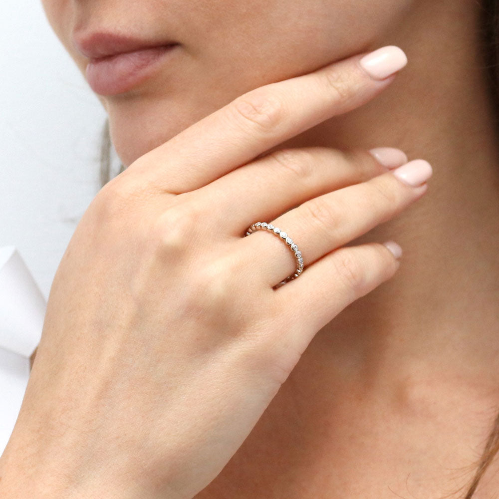 Model wearing Bubble Bezel CZ Eternity Ring Set in Sterling Silver, 6 of 11