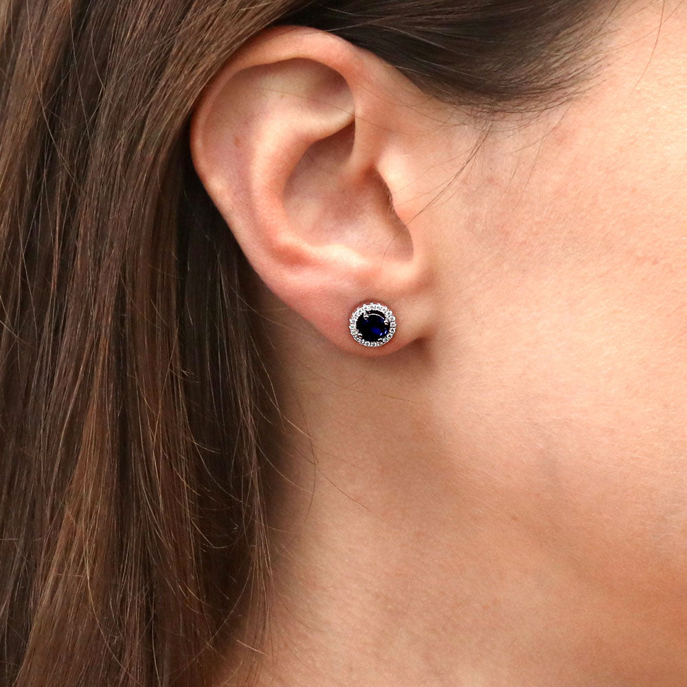 Model wearing Halo CZ Stud Earrings in Sterling Silver, 6 of 9