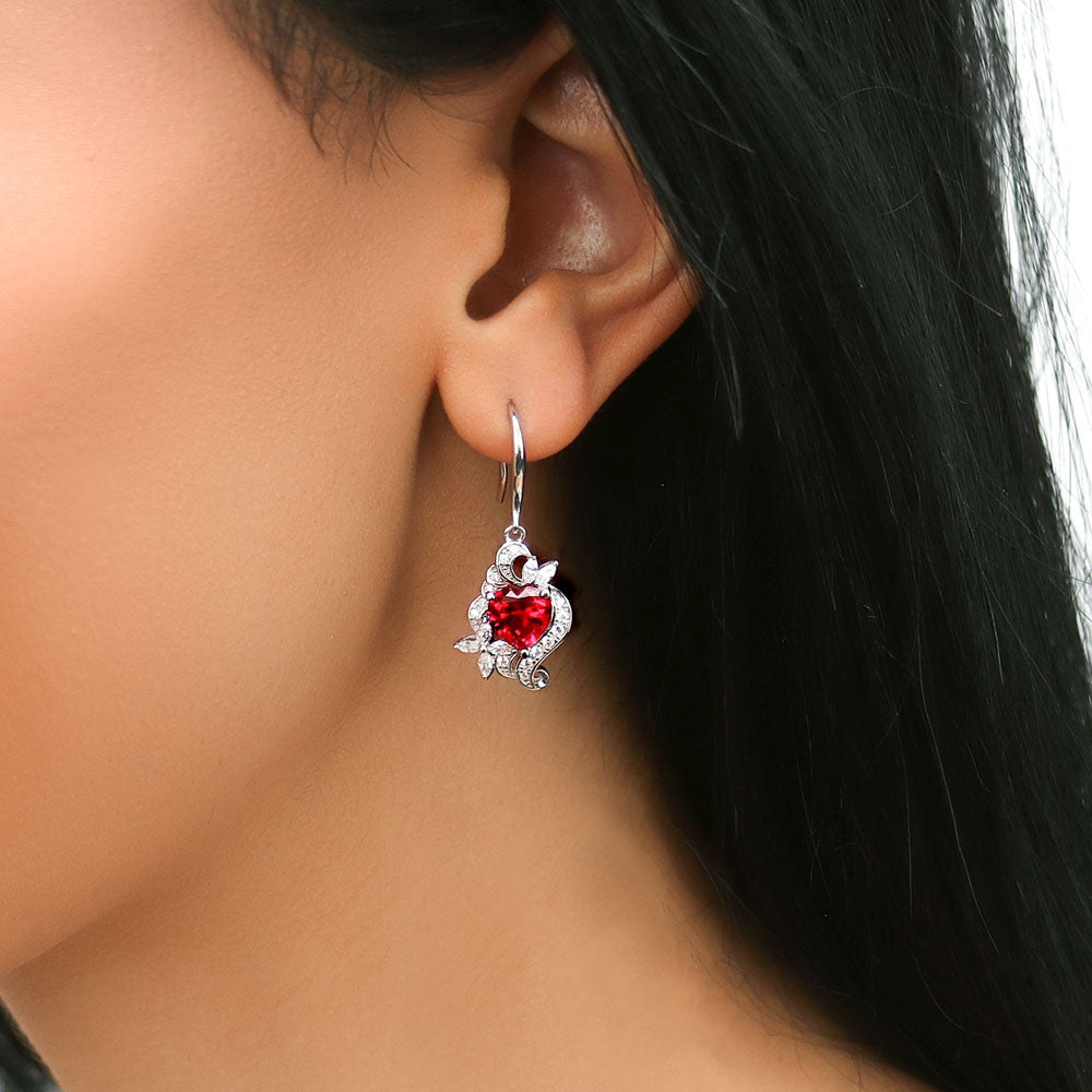 Model wearing Heart Flower CZ Necklace and Earrings in Sterling Silver, 19 of 20