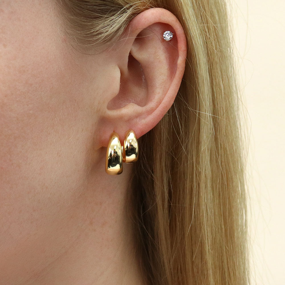 Model wearing Dome Hoop Earrings in Gold Flashed Sterling Silver, 2 Pairs, 15 of 19