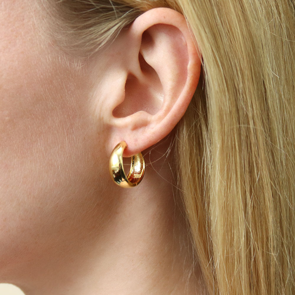 Model wearing Dome Hoop Earrings in Gold Flashed Sterling Silver, 2 Pairs, 7 of 19