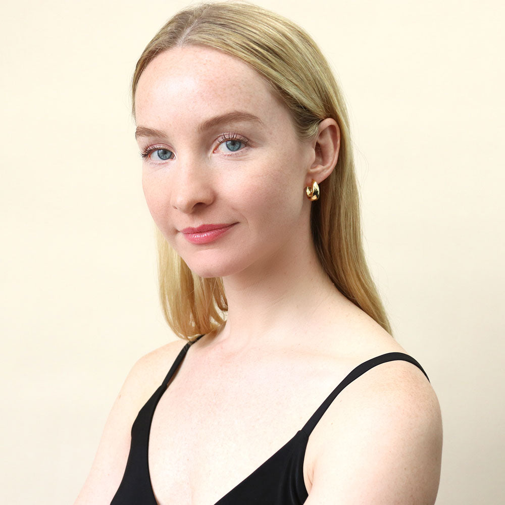 Model wearing Dome Hoop Earrings in Gold Flashed Sterling Silver, 2 Pairs, 6 of 19