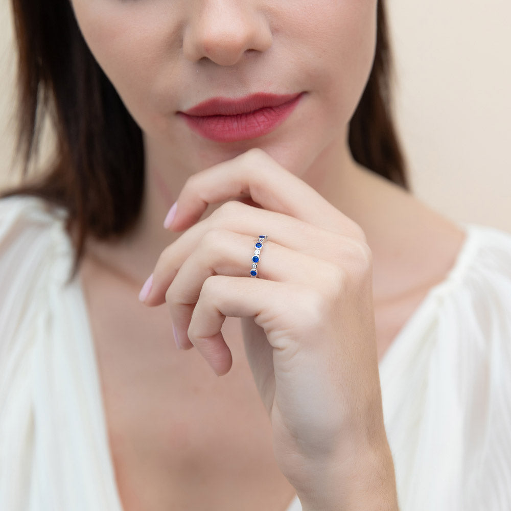 Model wearing Bubble Bezel CZ Eternity Ring Set in Sterling Silver, 8 of 13