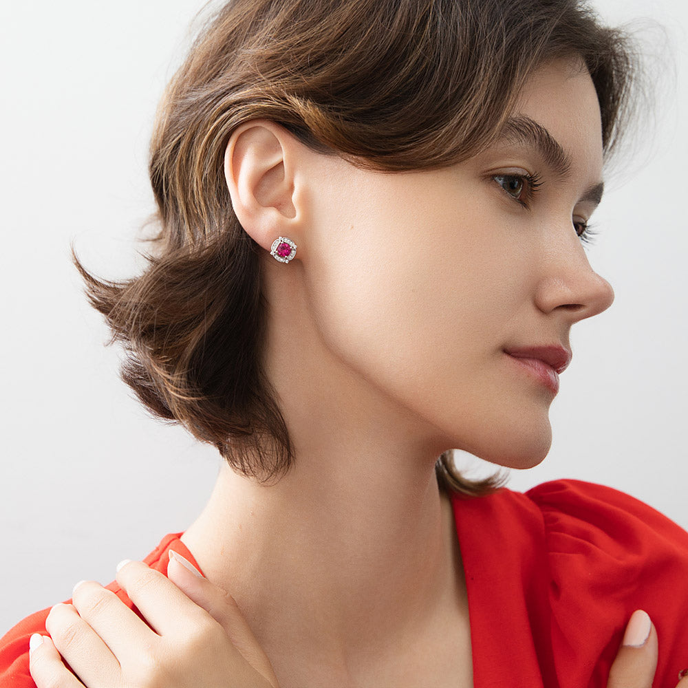 Model wearing Flower Halo CZ Stud Earrings in Sterling Silver, 7 of 18