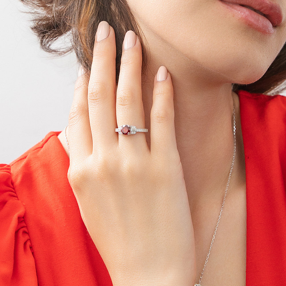 Model wearing Art Deco Red CZ Ring in Sterling Silver, 3 of 10